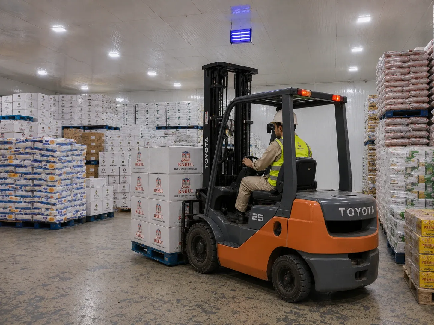 Green Tower warehouse operator handling palletized food products with a forklift