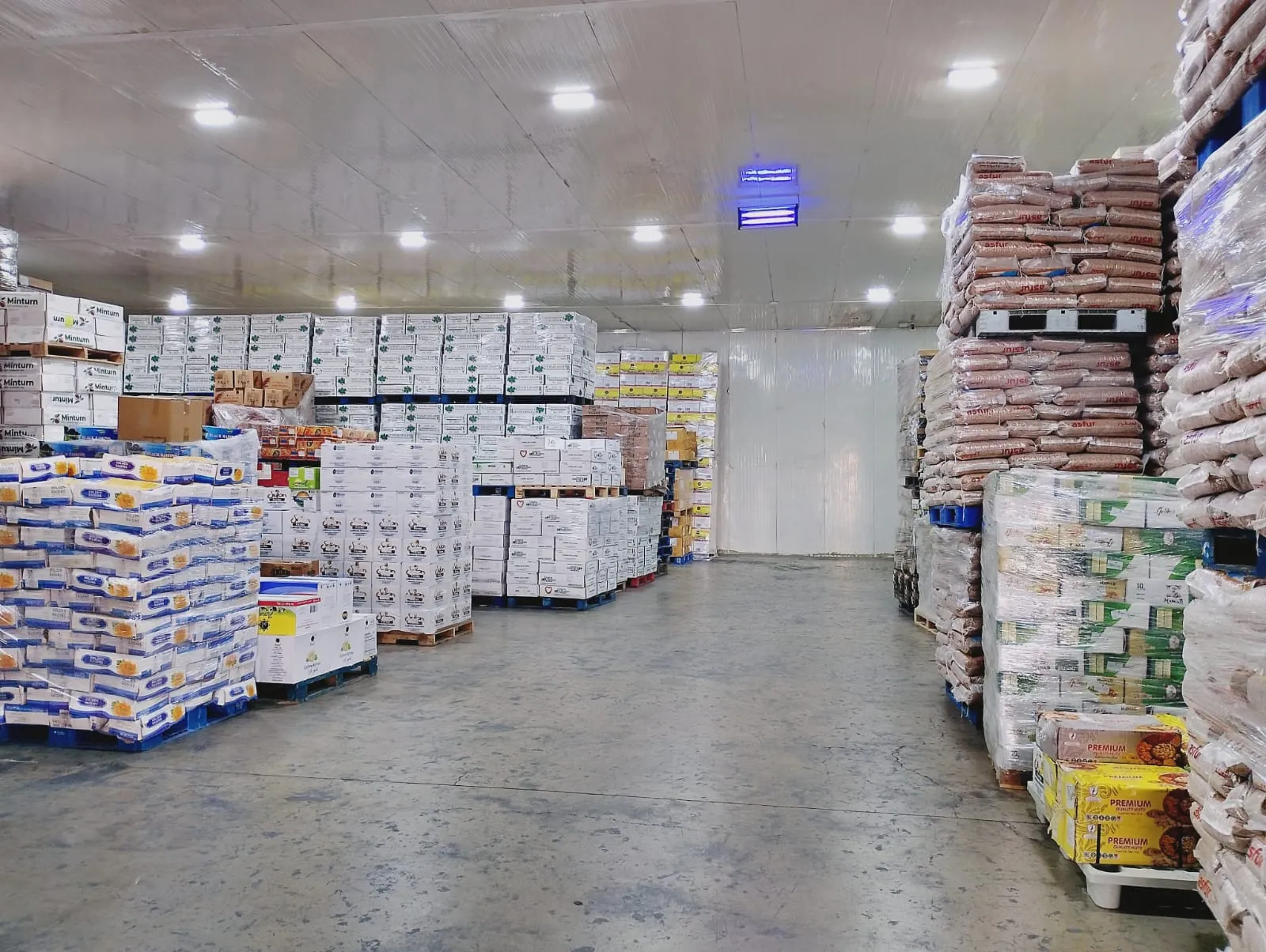 Green Tower Trading warehouse interior with stocked food products