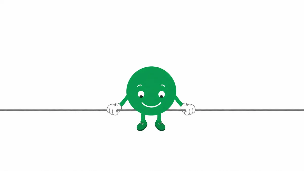 A smiling green circular character with white gloves and small green shoes, holding a thin wire and looking down